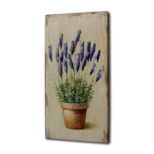 CVHOMEDECO. Primitive Antique Hand Painted Wooden Frame Wall Hanging 3D Painting Decoration Art, Lavender in Pot Design, 6 x 12 Inch