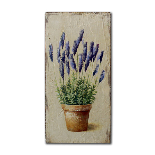 CVHOMEDECO. Primitive Antique Hand Painted Wooden Frame Wall Hanging 3D Painting Decoration Art, Lavender in Pot Design, 6 x 12 Inch