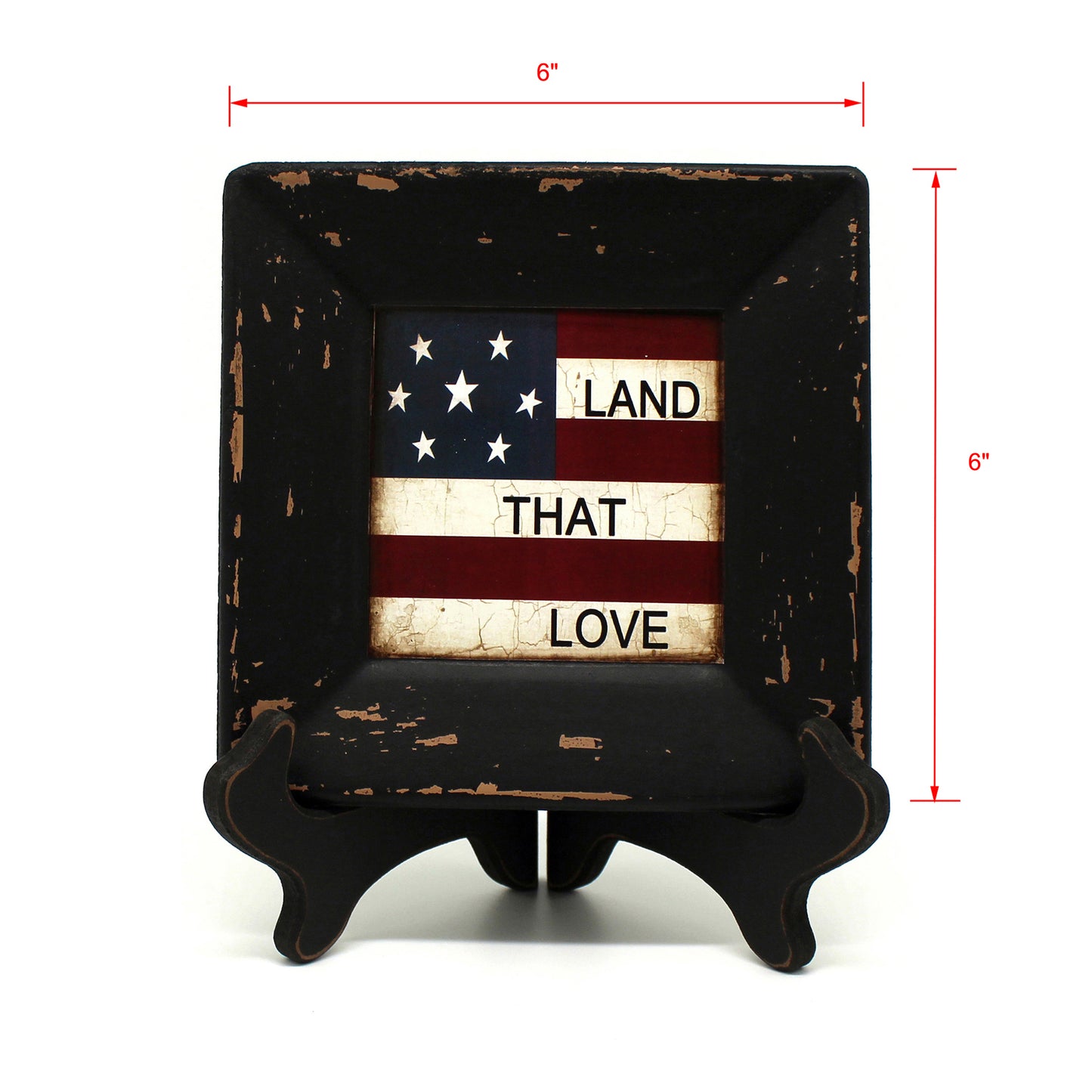 CVHOMEDECO. Primitives Country American Flag Decorative Plate with Rack Square Display Wooden Plate Home and Office Décor Art, 6 X 6 Inch