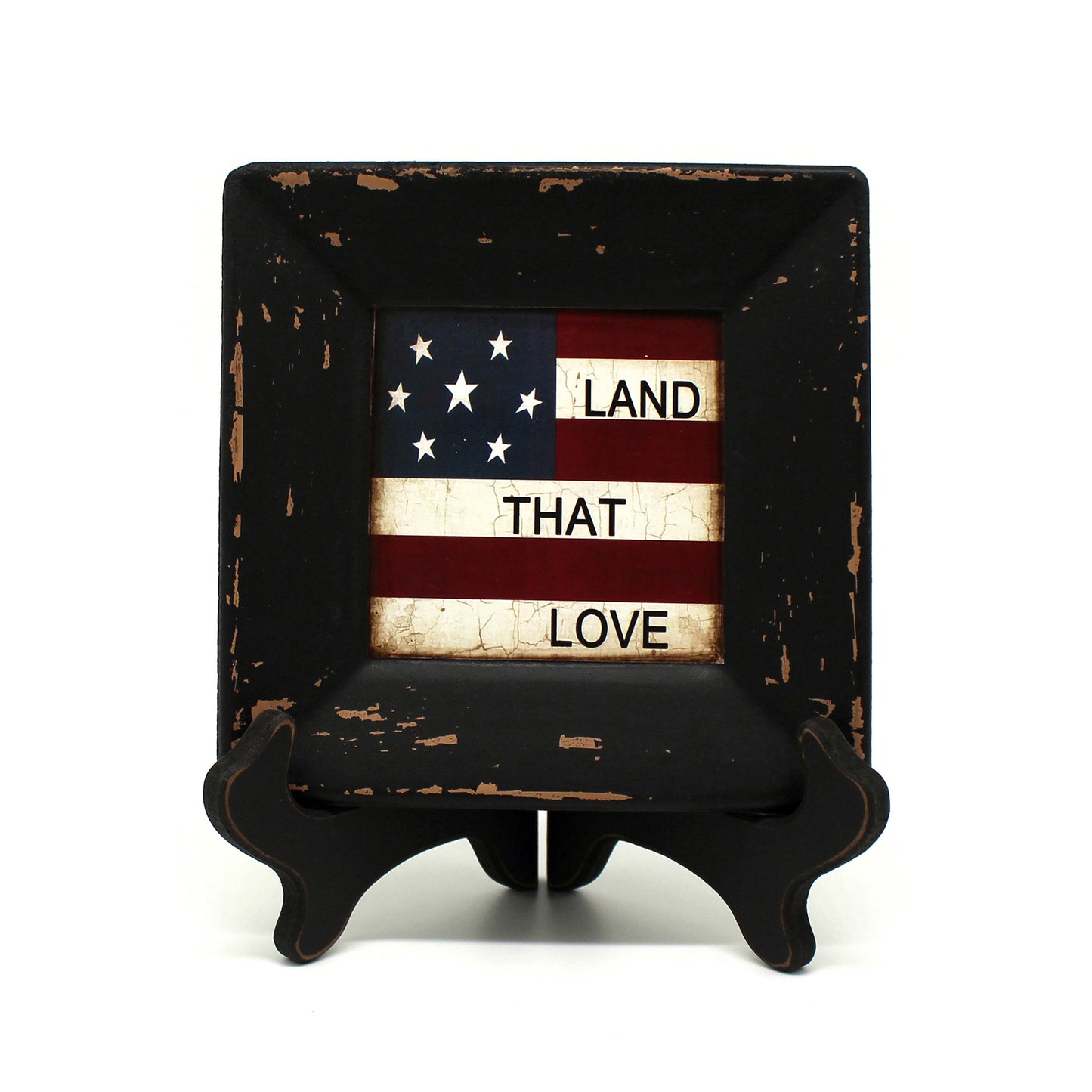 CVHOMEDECO. Primitives Country American Flag Decorative Plate with Rack Square Display Wooden Plate Home and Office Décor Art, 6 X 6 Inch