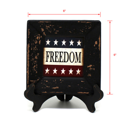 CVHOMEDECO. Primitives Antique American Flag Decorated Plate with Rack Square Display Wooden Plate Home and Office Décor Art, 6 X 6 Inch