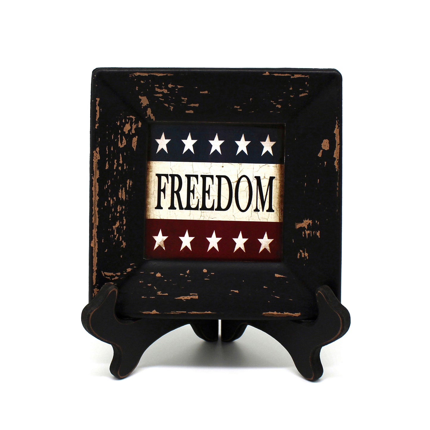 CVHOMEDECO. Primitives Antique American Flag Decorated Plate with Rack Square Display Wooden Plate Home and Office Décor Art, 6 X 6 Inch