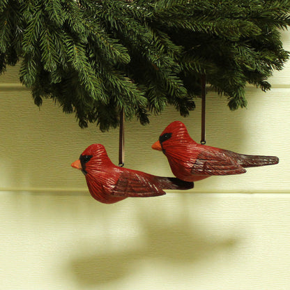 CVHOMEDECO. Primitives Hand Engraving and Painted Hanging Red Birds Rustic Figurine Decorative Accent, Set of 2