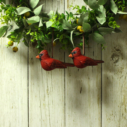 CVHOMEDECO. Primitives Hand Engraving and Painted Hanging Red Birds Rustic Figurine Decorative Accent, Set of 2