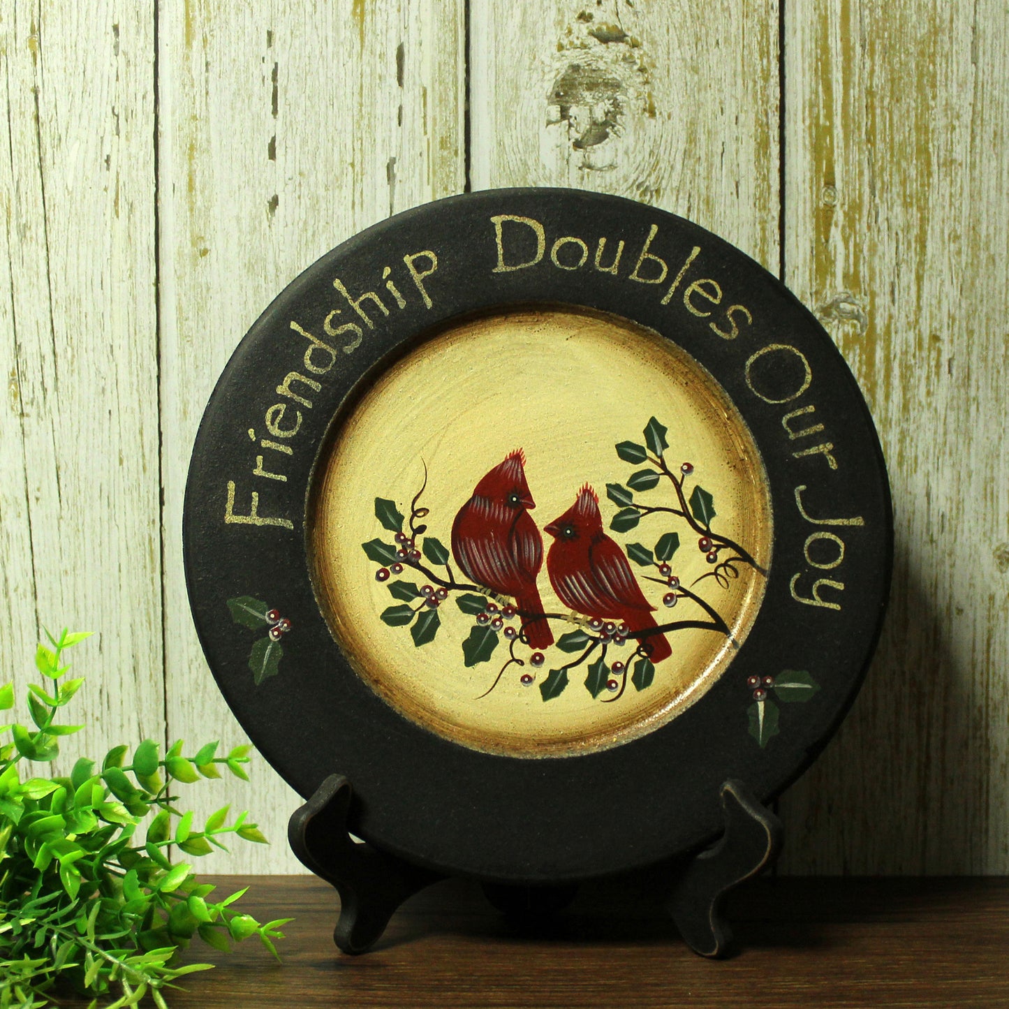 CVHOMEDECO. Primitives Hand Painted Red Birds Decorative Plate Rustic Round Display Wooden Plate Home Décor Art, 9.75 Inch